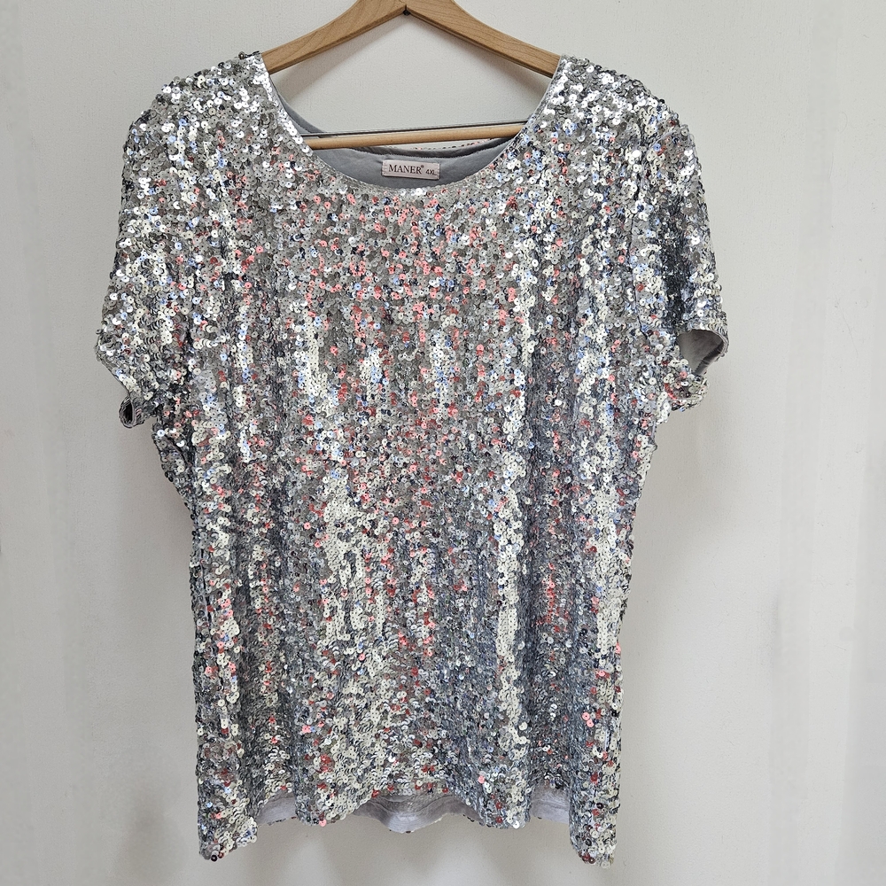 Glamorous Silver Sequin Short Sleeve Top